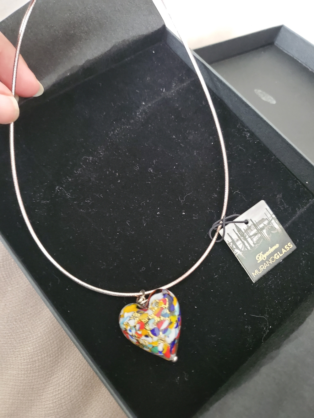 Murano Glass Multicolor Heart Pendant Necklace Bronze Womens